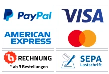 Zahlungsoptionen, PayPal, VISA, American Express, Mastercard, Rechnung, Sepa, Vorkasse