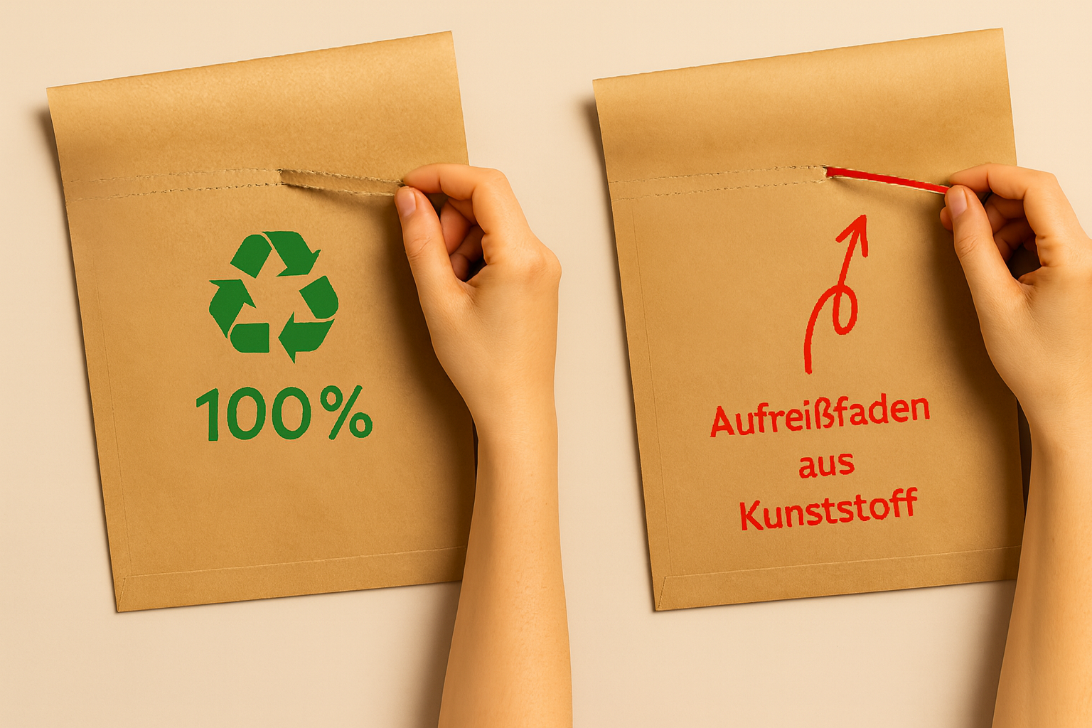 Vergleich: komplett kunststofffreie Versandtasche aus Kraftpapier vs. Tasche mit Kunststoff-Aufreißfaden – 100 % recyclebar.