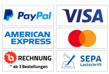 Zahlungsoptionen, PayPal, VISA, American Express, Mastercard, Rechnung, Sepa, Vorkasse
